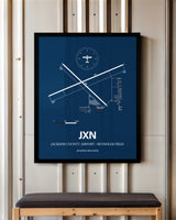 Jackson County Airport/Reynolds Field framed poster displayed in an airplane hangar