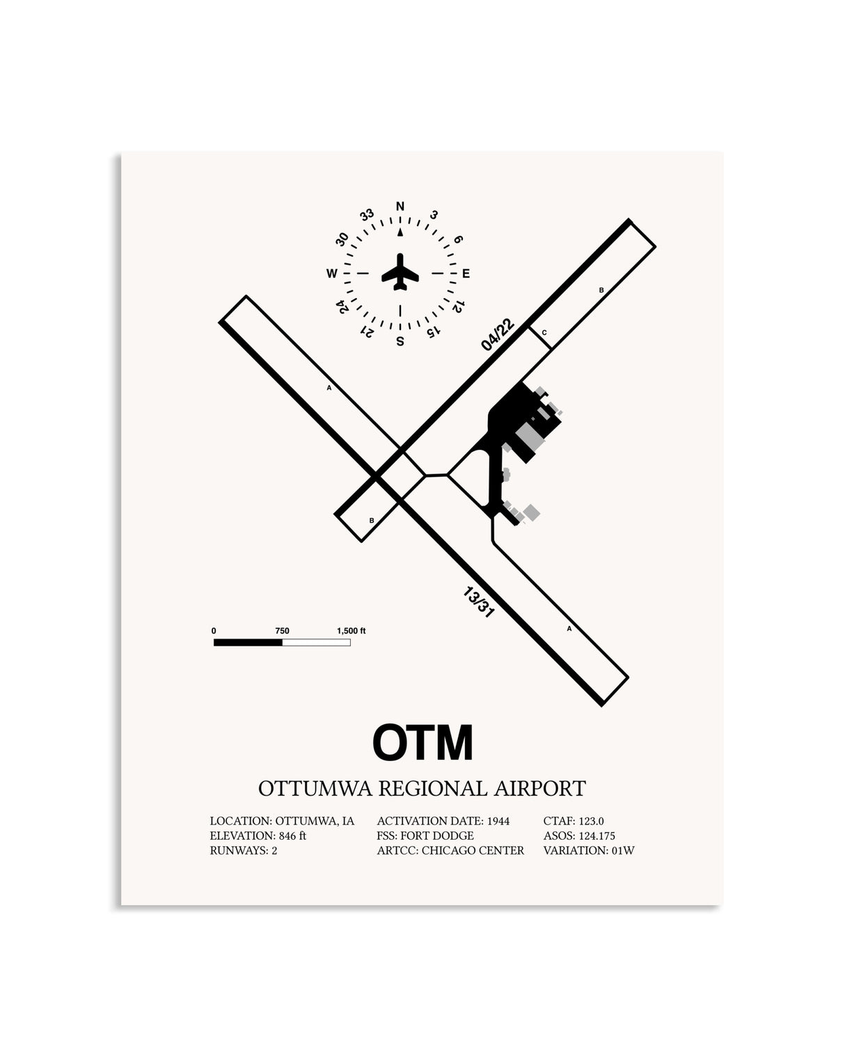 Gray Ottumwa Regional Airport framed poster displayed in an airplane hangar