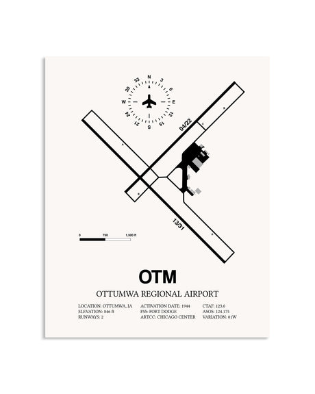 Gray Ottumwa Regional Airport framed poster displayed in an airplane hangar