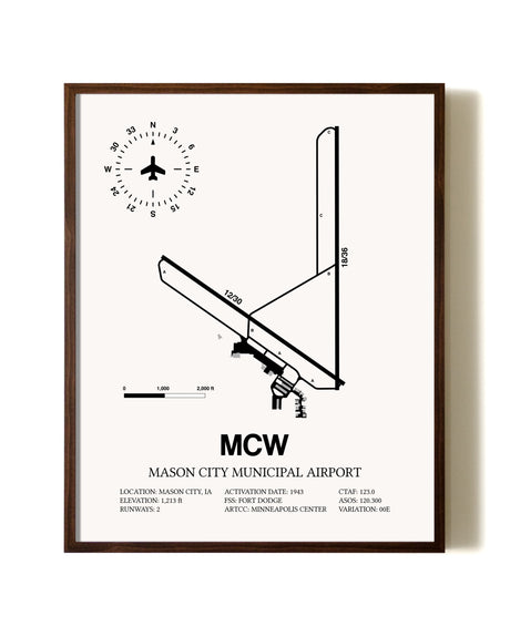 Mason City Municipal Airport aviation print in walnut frame