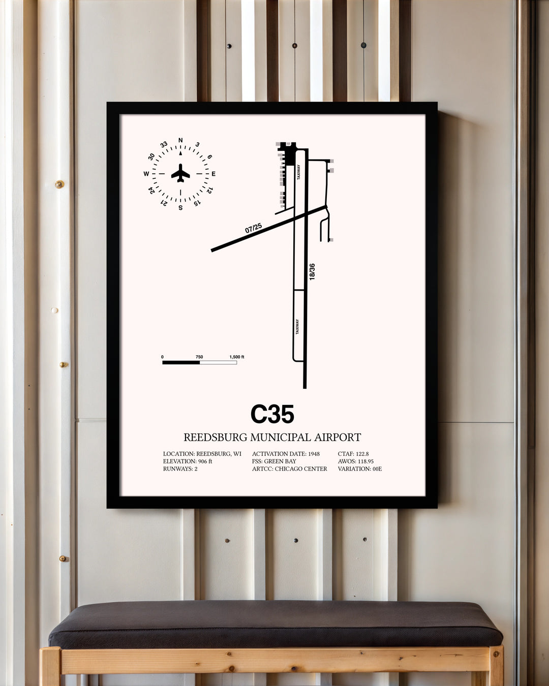 Reedsburg Municipal Airport framed poster displayed in an airplane hangar