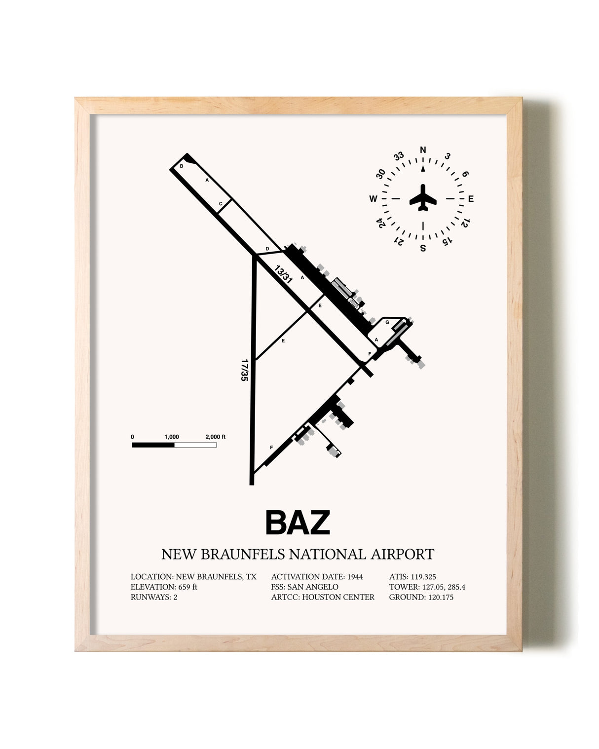 New Braunfels National Airport framed wall art in white frame