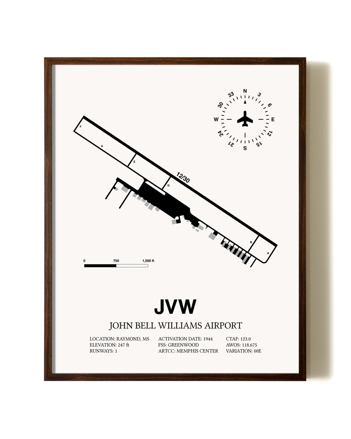 John Bell Williams Airport aviation print in walnut frame