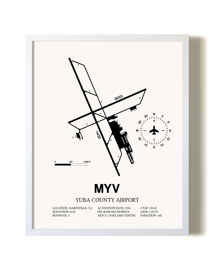 Yuba County Airport airport map poster in oak frame