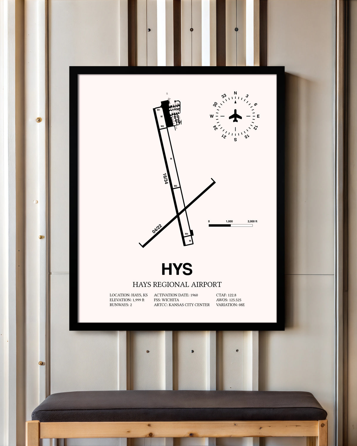 Hays Regional Airport framed poster displayed in an airplane hangar