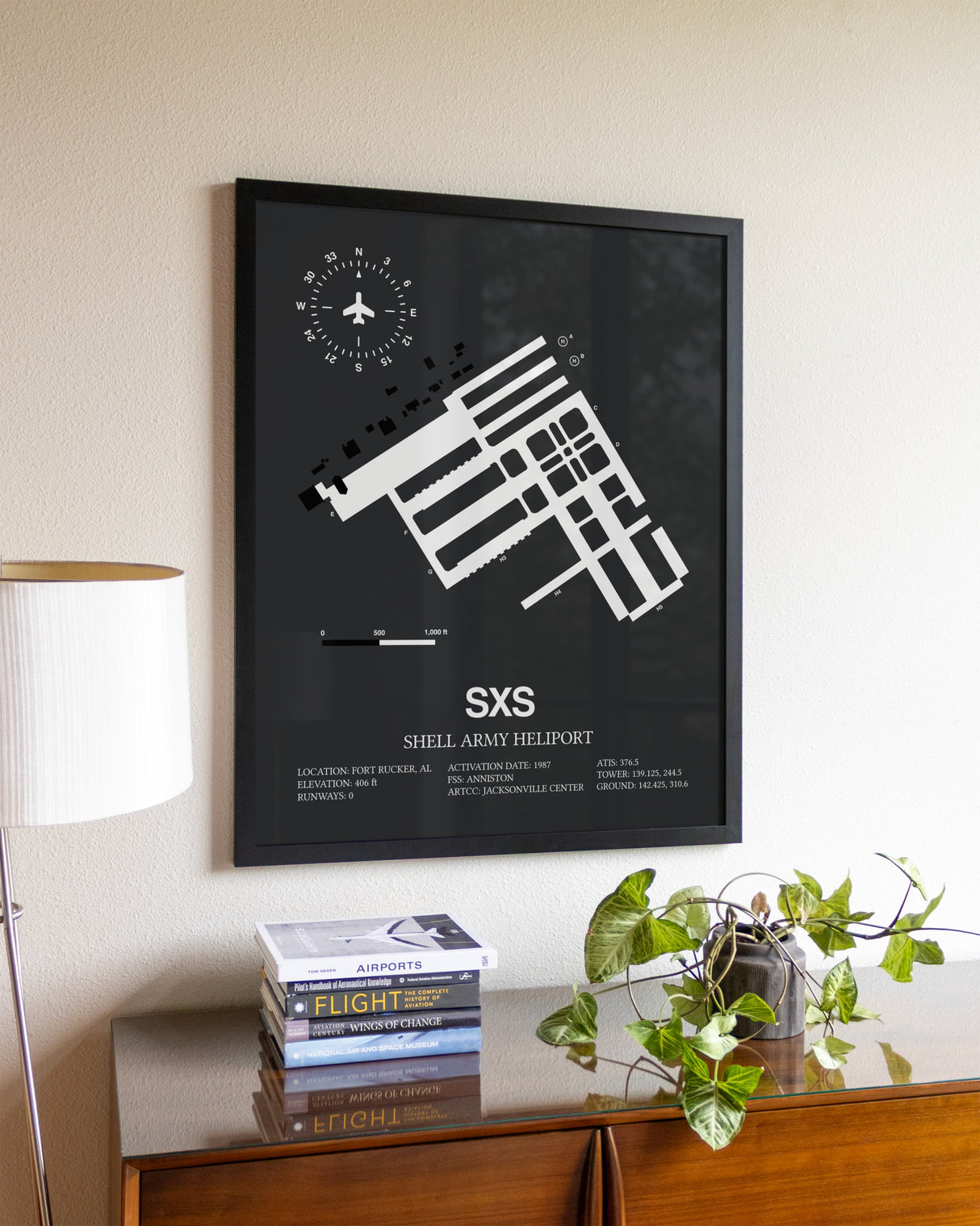 Gray Framed Shell Army Heliport wall art poster in black frame