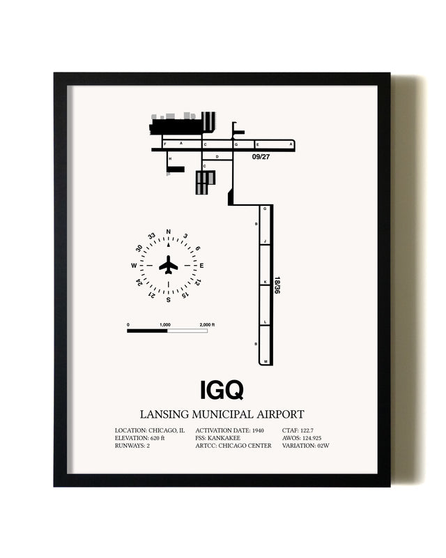 Framed Lansing Municipal Airport wall art poster in black frame