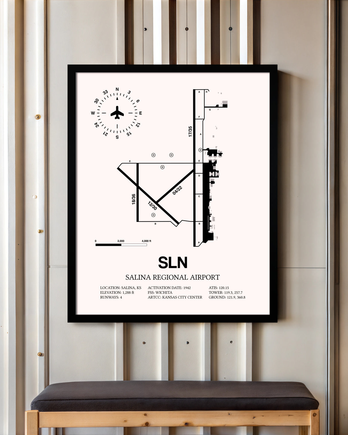 Salina Regional Airport framed poster displayed in an airplane hangar