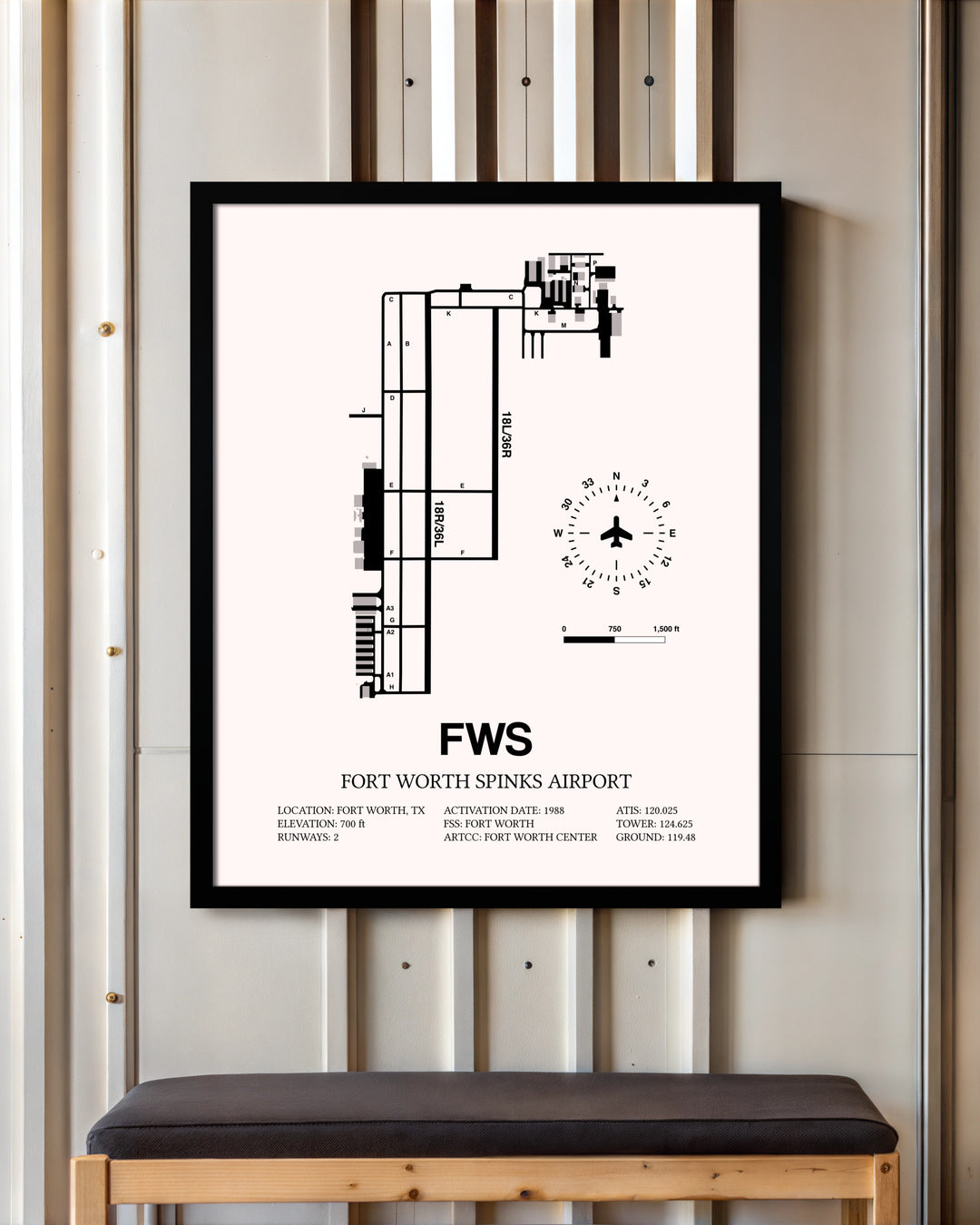 Fort Worth Spinks Airport framed poster displayed in an airplane hangar