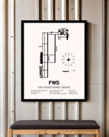 Fort Worth Spinks Airport framed poster displayed in an airplane hangar