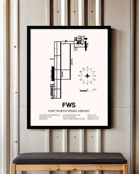 Fort Worth Spinks Airport framed poster displayed in an airplane hangar