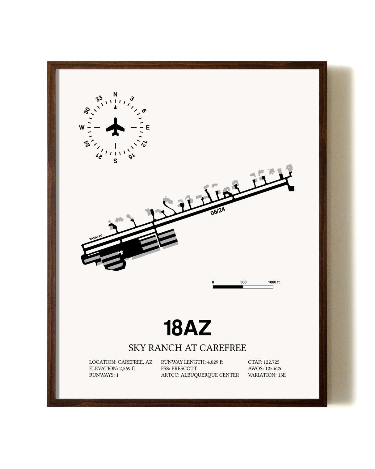 Sky Ranch at Carefree aviation print in walnut frame