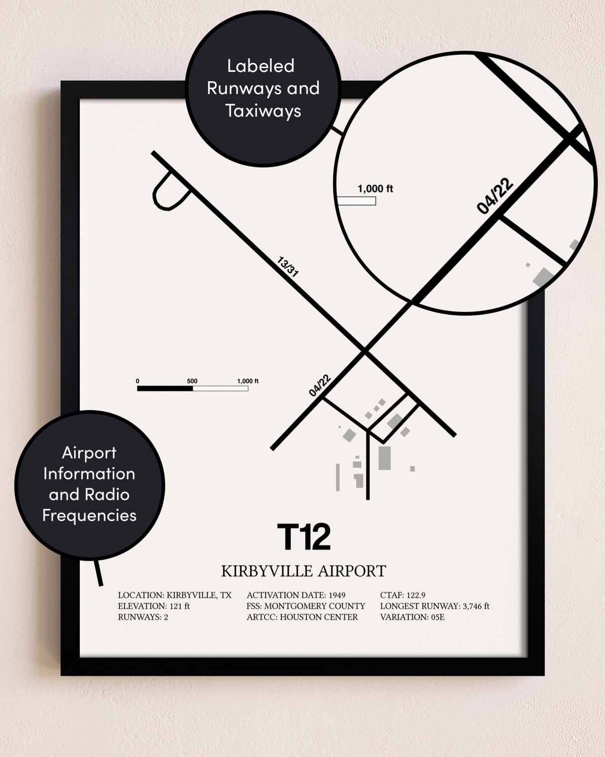 Framed Kirbyville Airport layout wall art poster