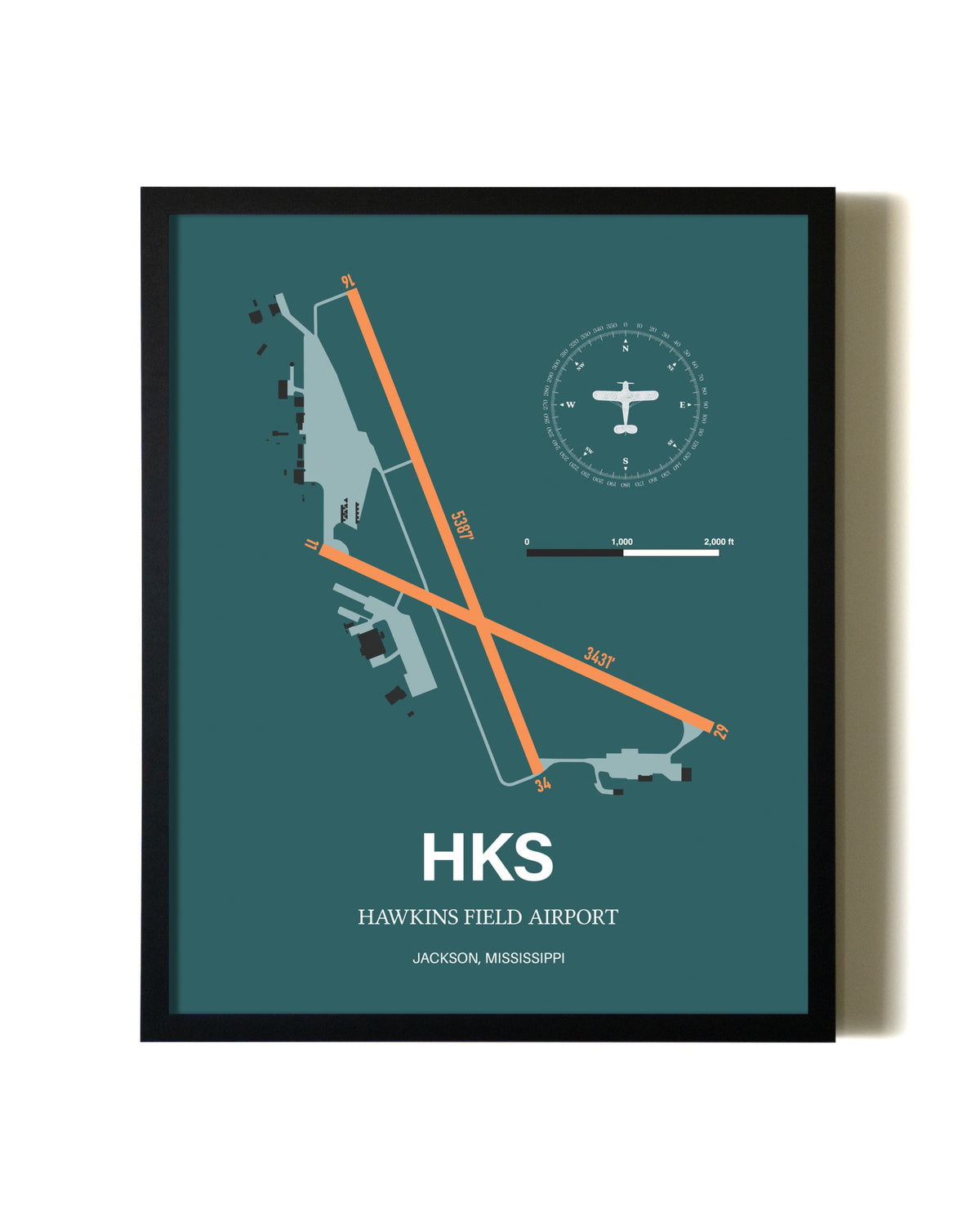 Framed Hawkins Field Airport wall art poster in black frame
