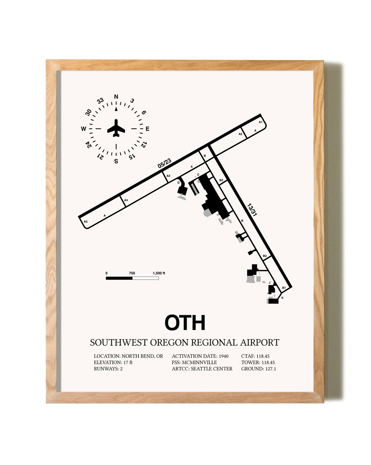 Southwest Oregon Regional Airport framed print in natural wood frame