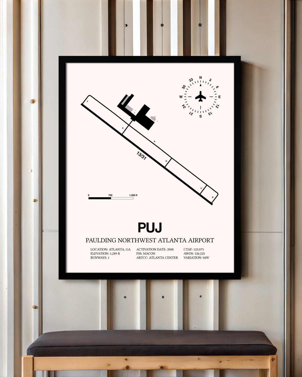 Paulding Northwest Atlanta Airport framed poster displayed in an airplane hangar