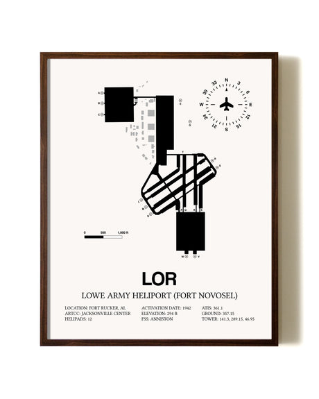 Lowe Army Heliport (Fort Novosel) aviation print in walnut frame