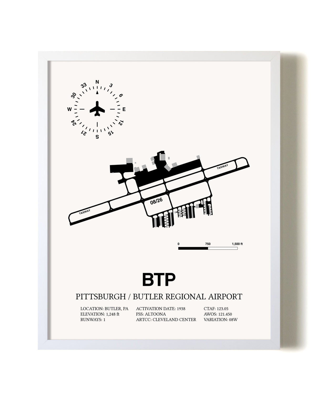 Pittsburgh / Butler Regional Airport airport map poster in oak frame