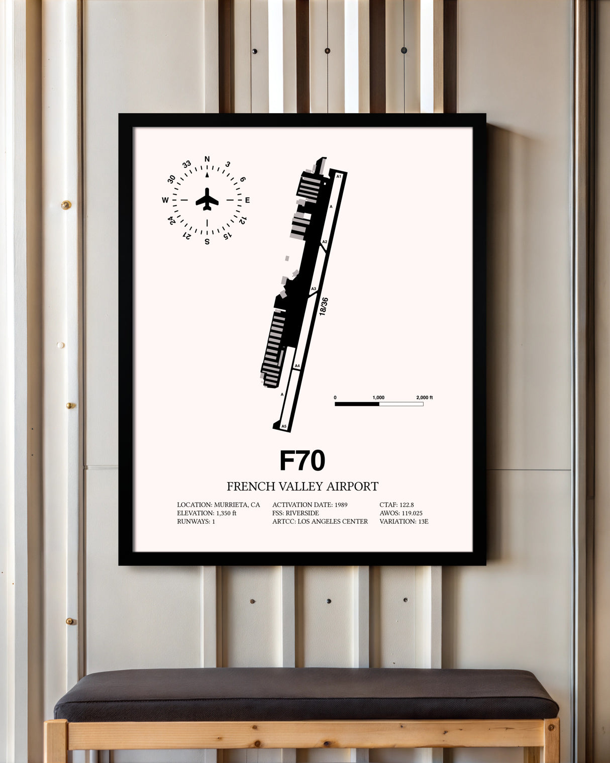 French Valley Airport framed poster displayed in an airplane hangar