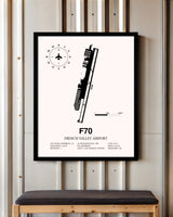 French Valley Airport framed poster displayed in an airplane hangar