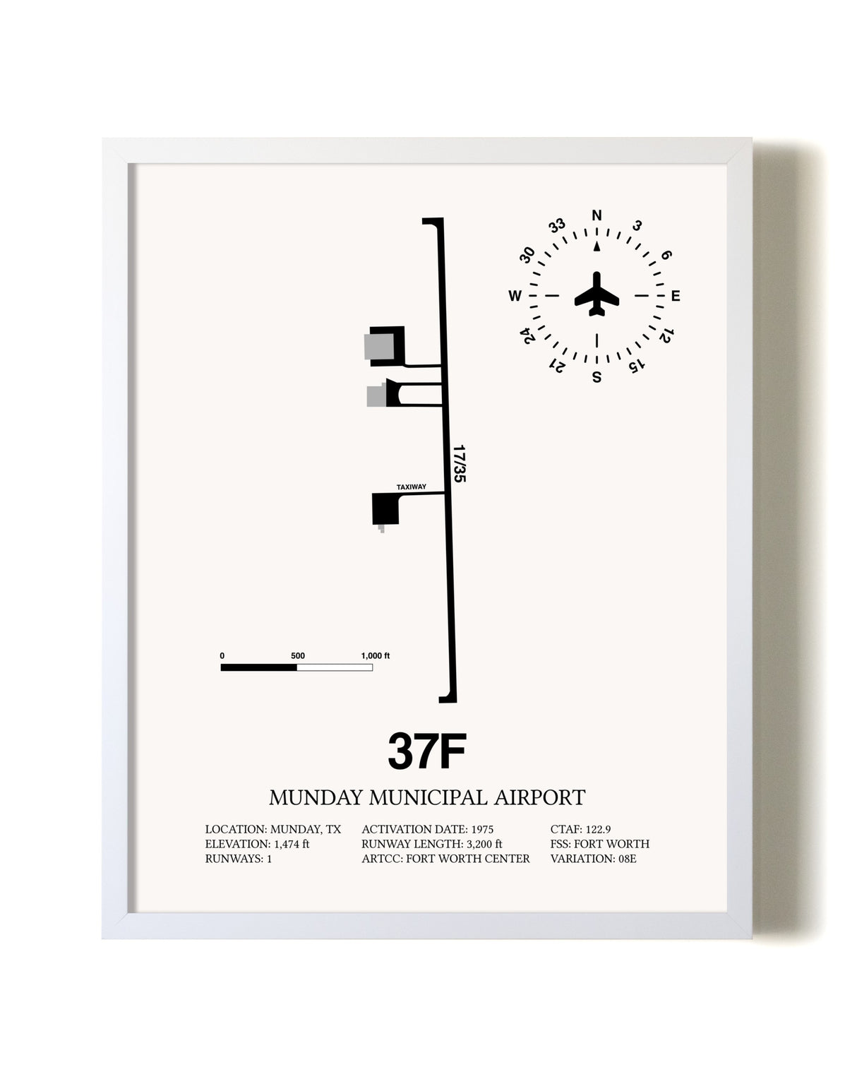 Munday Municipal Airport airport map poster in oak frame