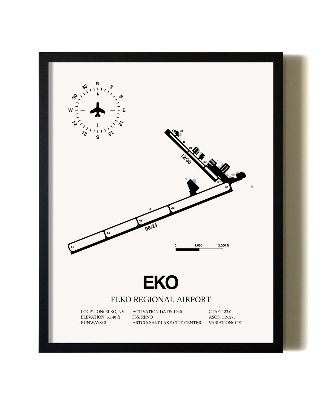 Framed Elko Regional Airport wall art poster in black frame