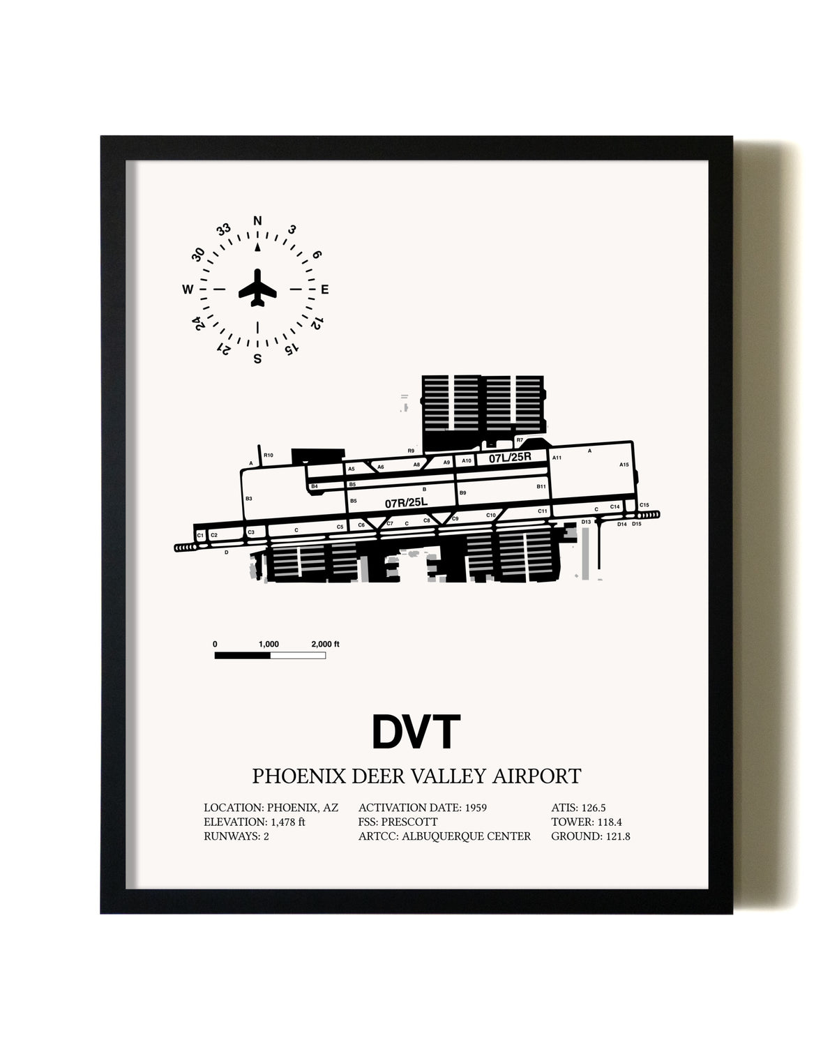 Framed Phoenix Deer Valley Airport wall art poster in black frame