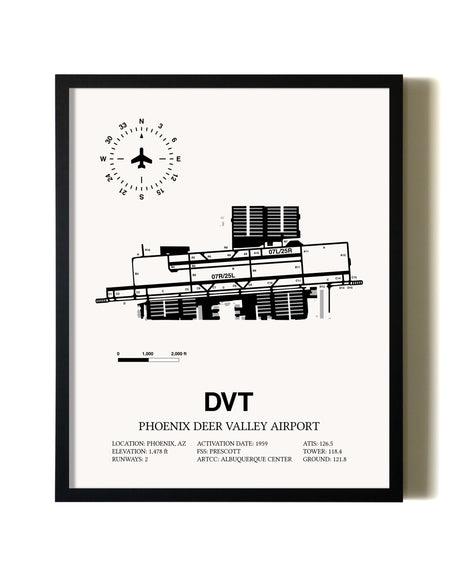 Framed Phoenix Deer Valley Airport wall art poster in black frame