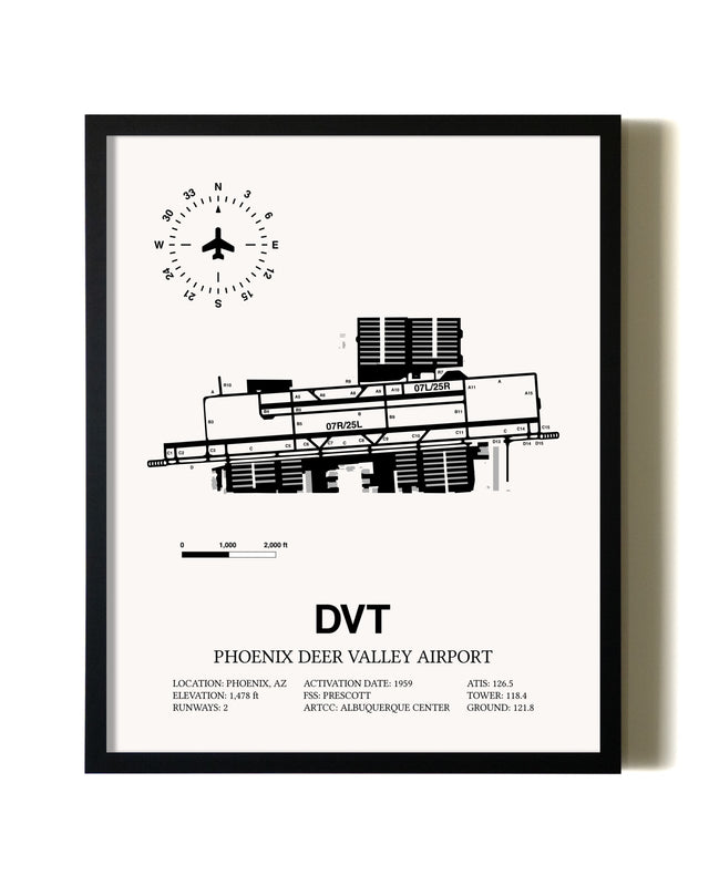 Framed Phoenix Deer Valley Airport wall art poster in black frame