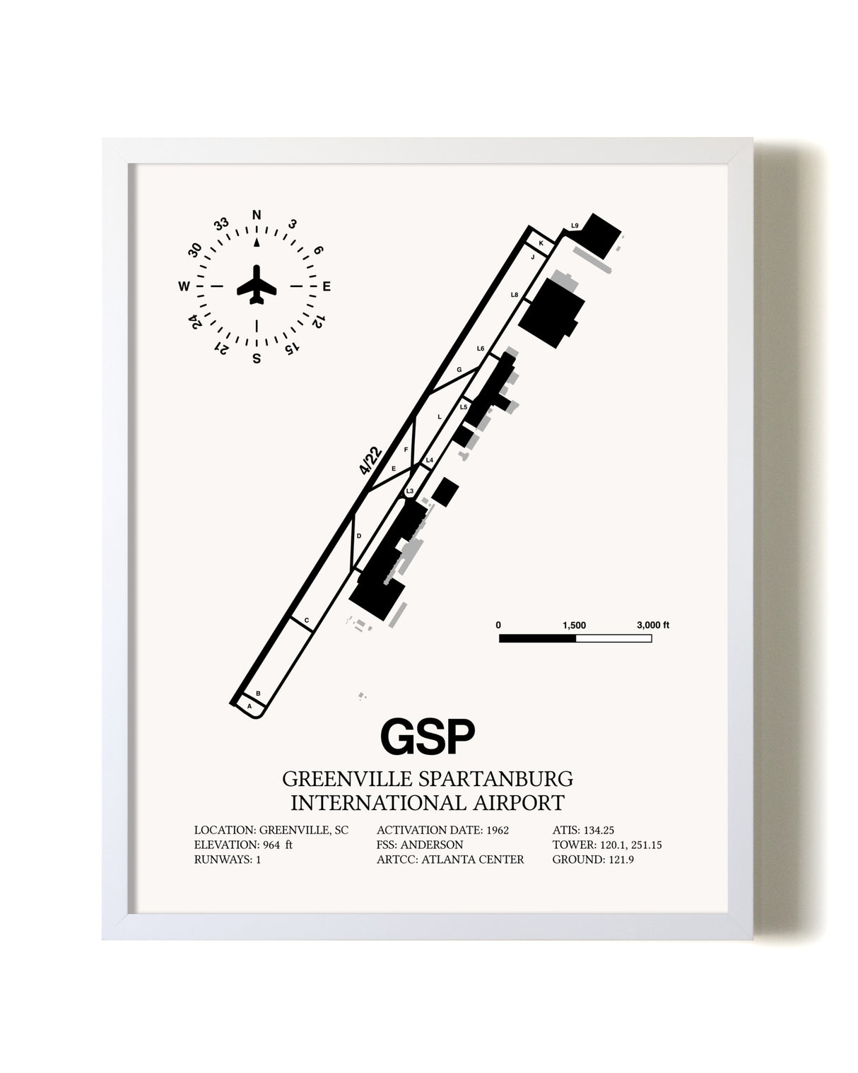 Greenville Spartanburg International Airport airport map poster in oak frame