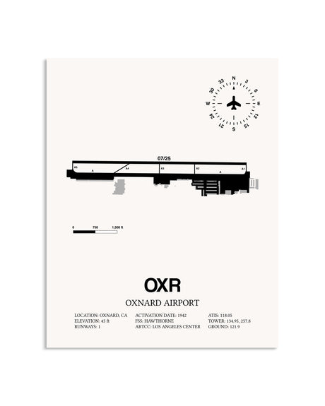 Gray Oxnard Airport framed poster displayed in an airplane hangar