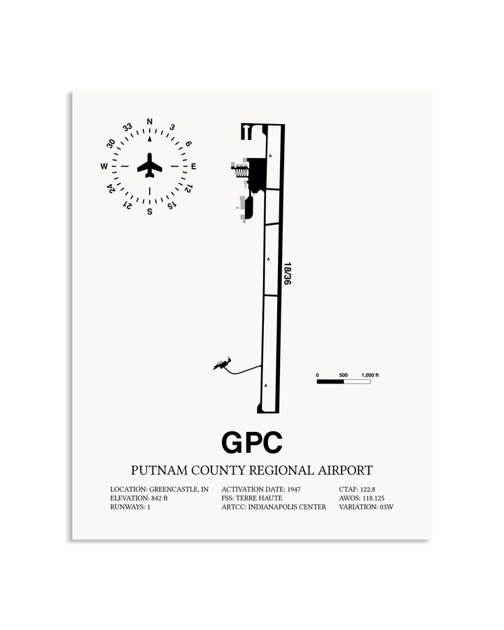 Gray Putnam County Regional Airport framed poster displayed in an airplane hangar