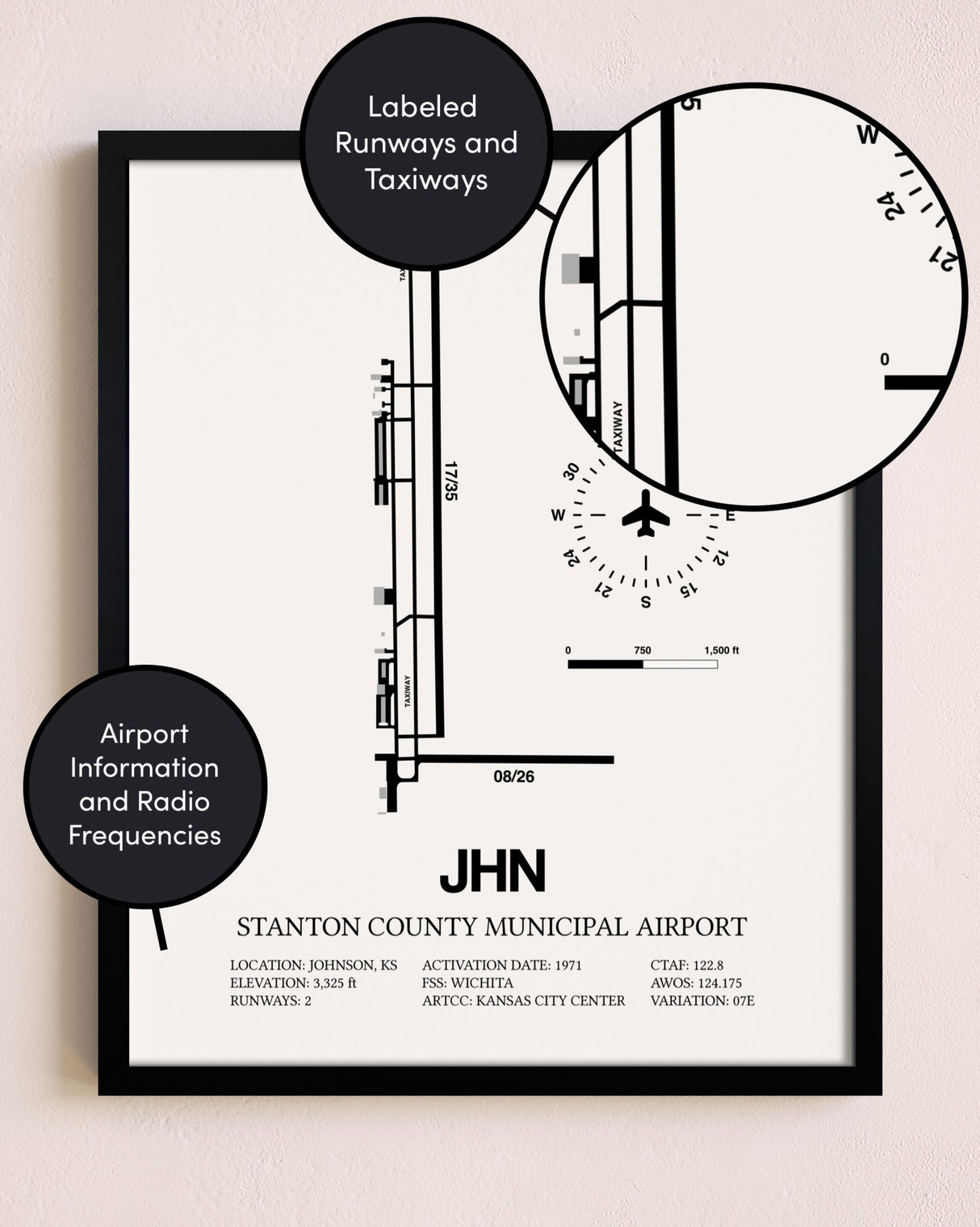 Framed Stanton County Municipal Airport layout wall art poster
