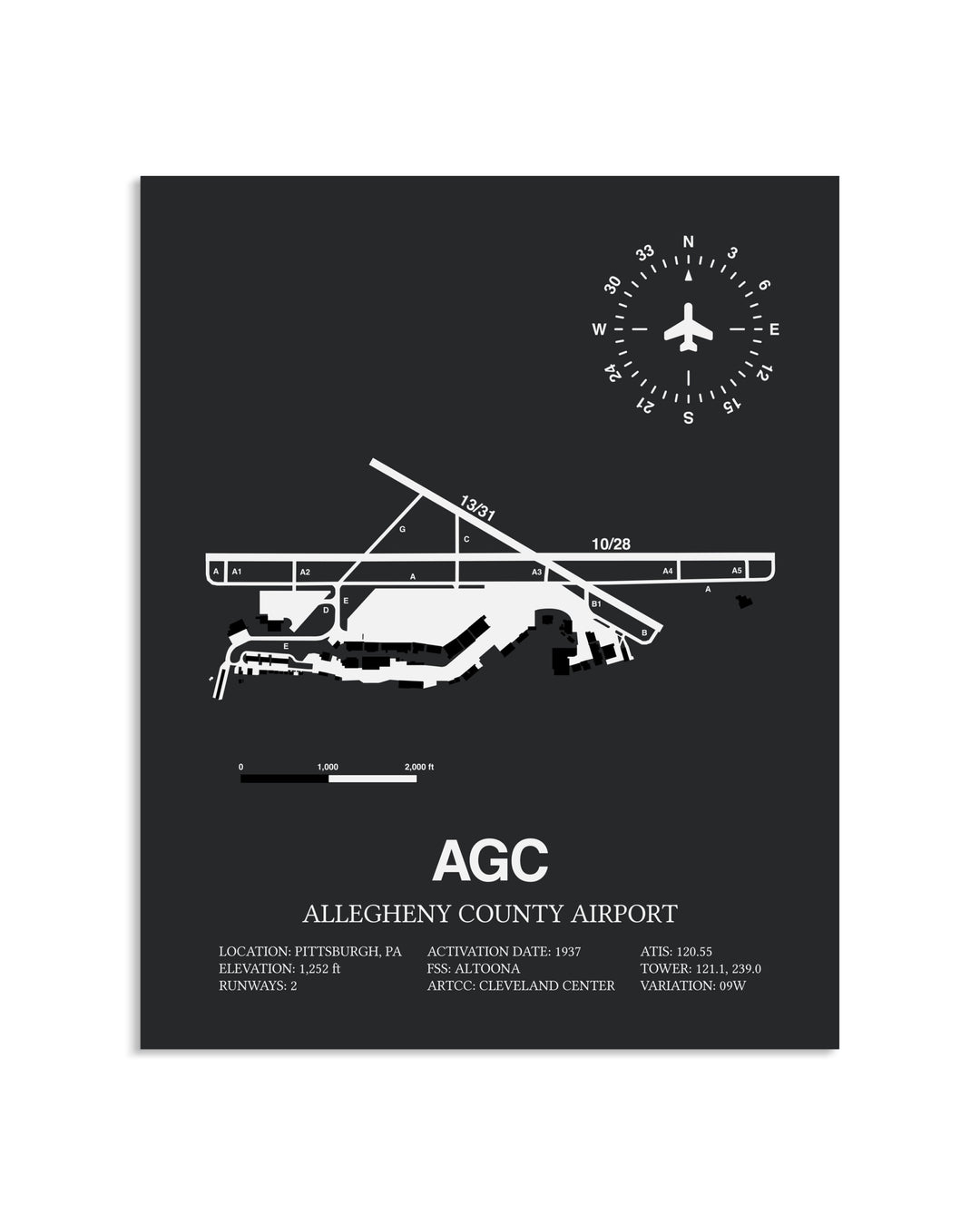 Gray Framed Allegheny County Airport layout wall art poster