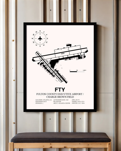 Fulton County Executive Airport / Charlie Brown Field framed poster displayed in an airplane hangar