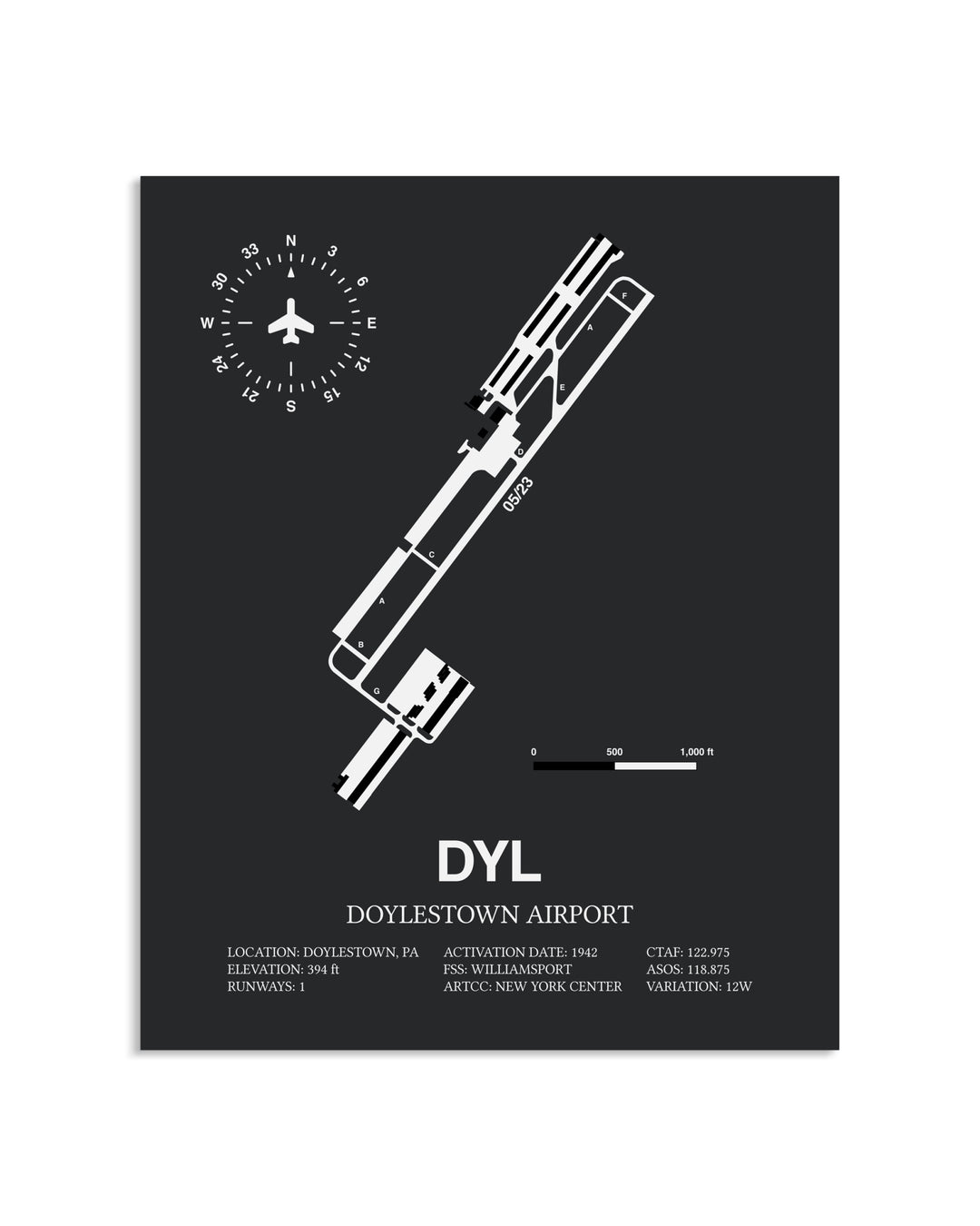 Gray Framed Doylestown Airport layout wall art poster