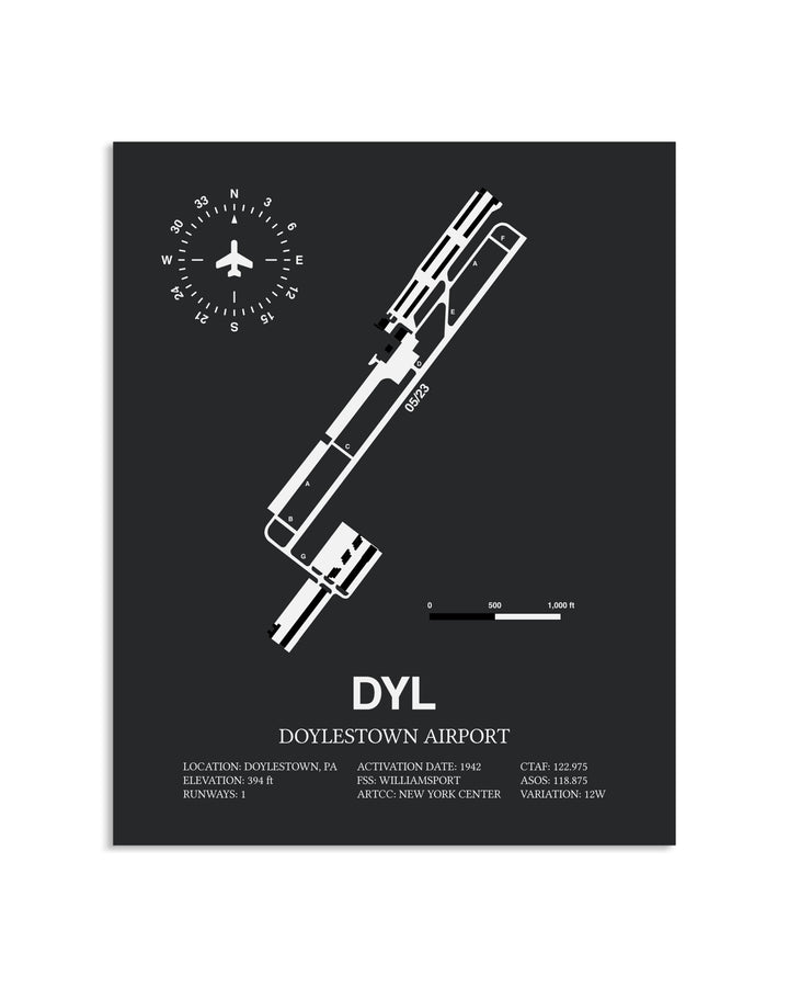 Gray Framed Doylestown Airport layout wall art poster