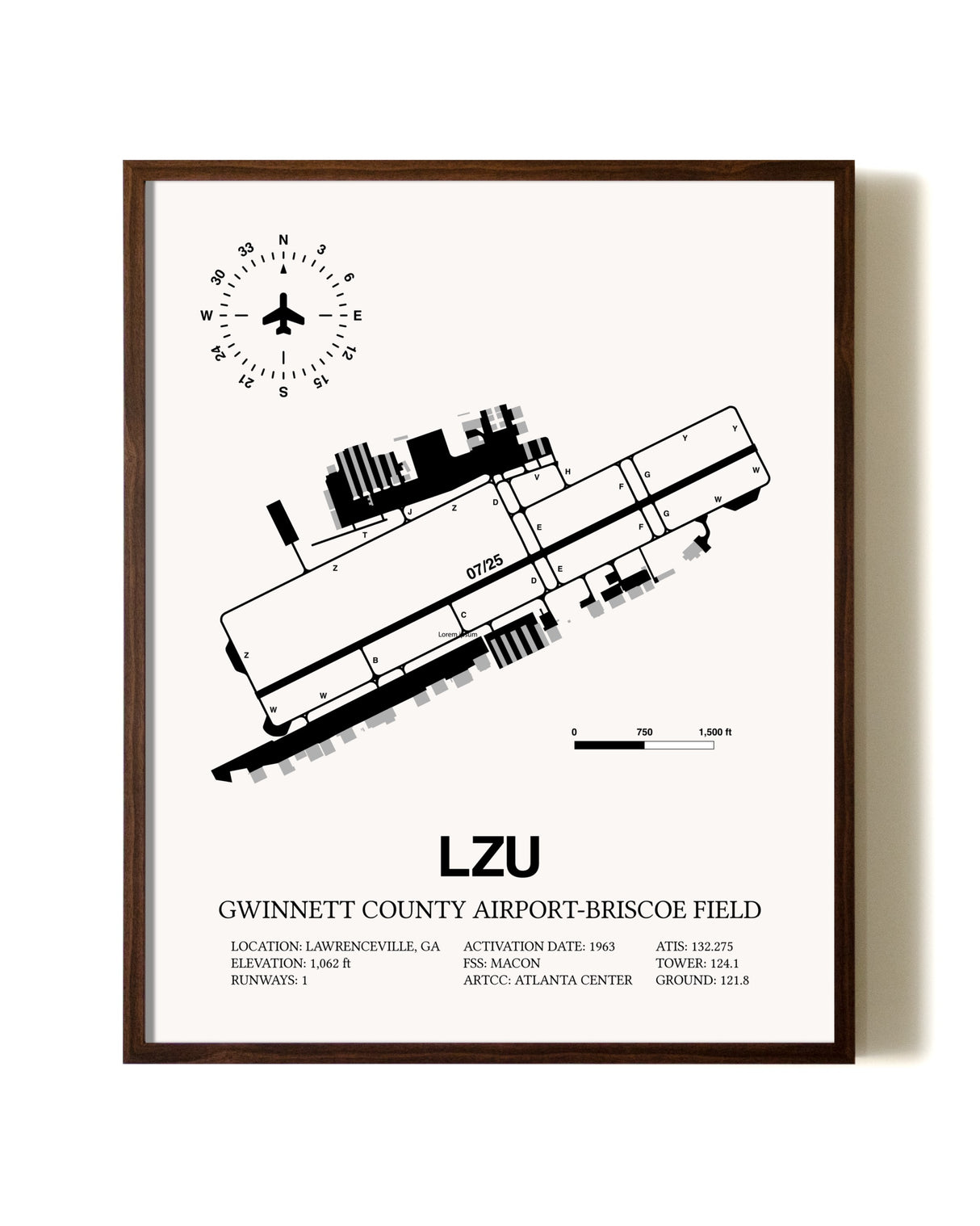 Gwinnett County Airport-Briscoe Field aviation print in walnut frame