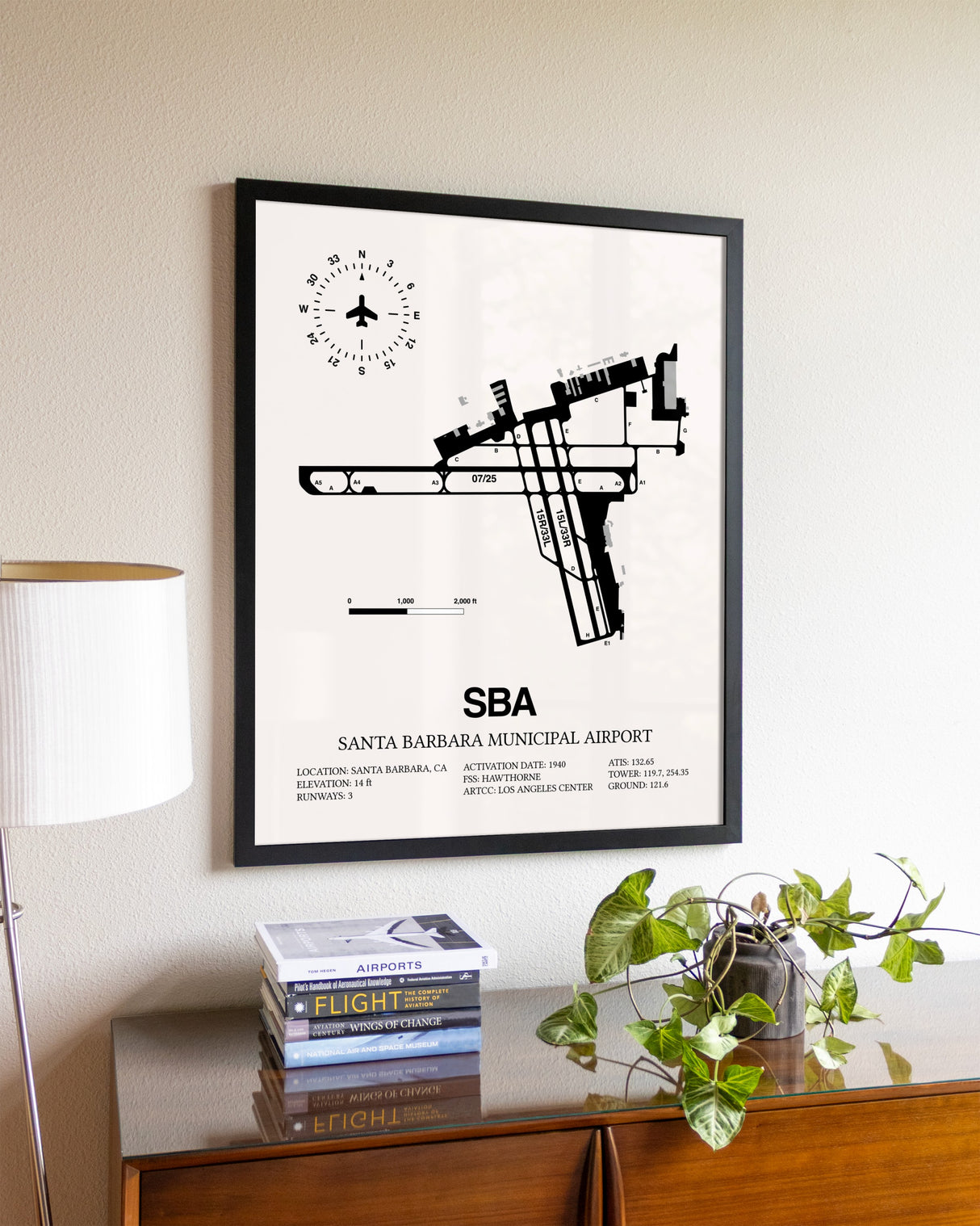 Santa Barbara Municipal Airport aviation wall décor in black wood frame