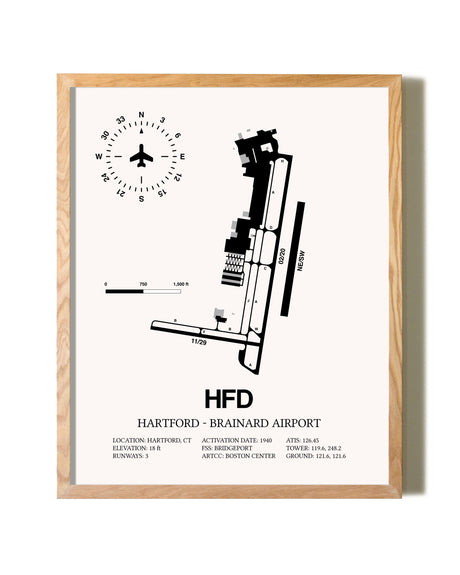 Hartford-Brainard Airport framed print in natural wood frame