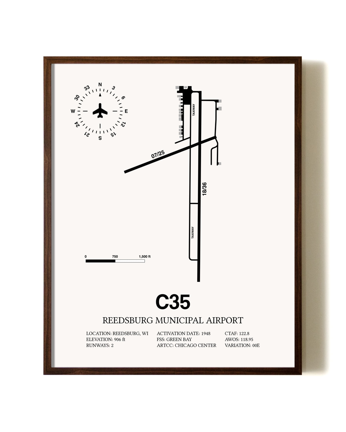 Reedsburg Municipal Airport aviation print in walnut frame