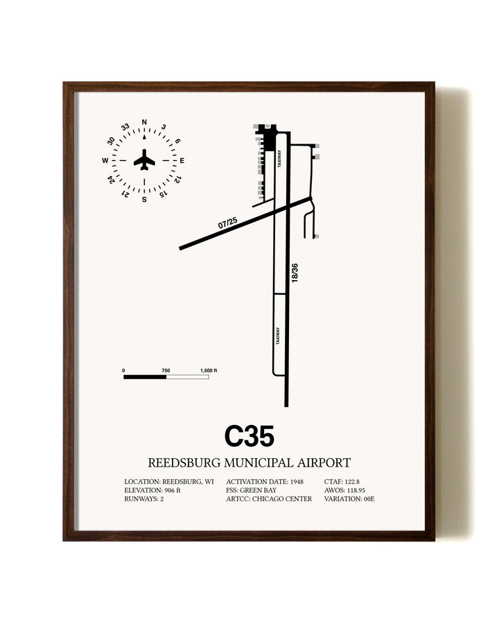 Reedsburg Municipal Airport aviation print in walnut frame