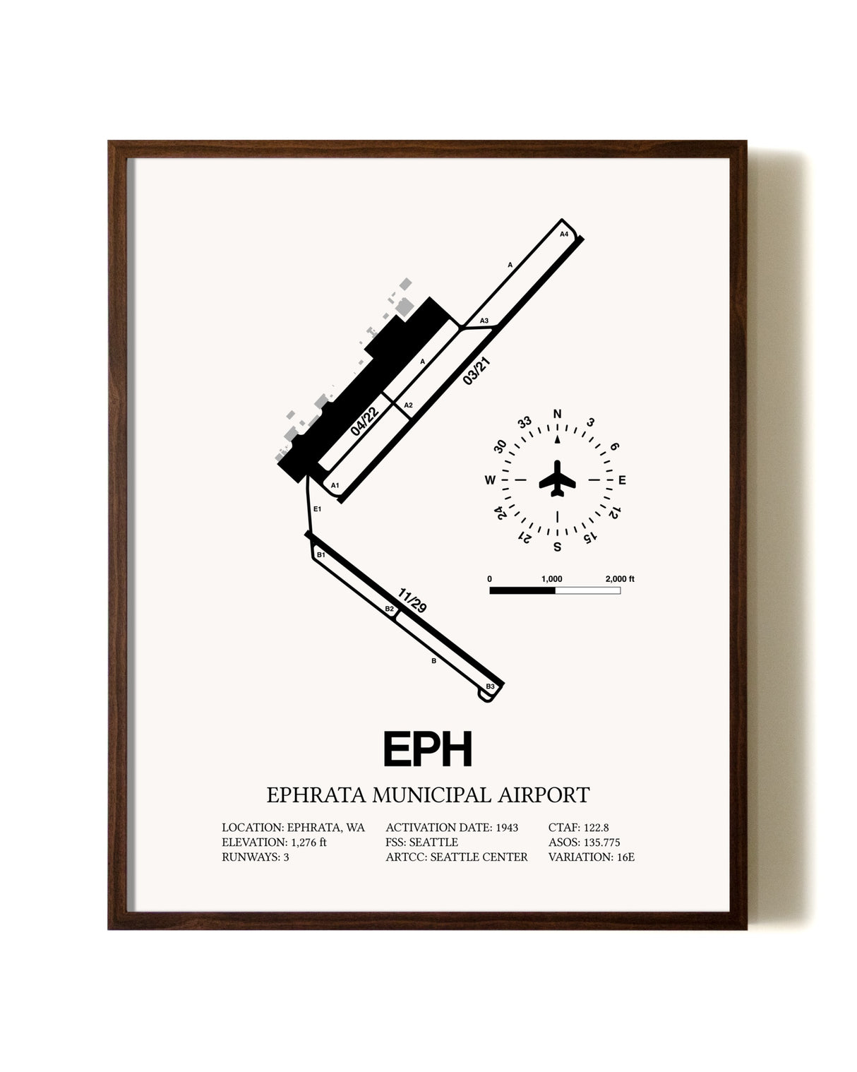 Ephrata Municipal Airport aviation print in walnut frame
