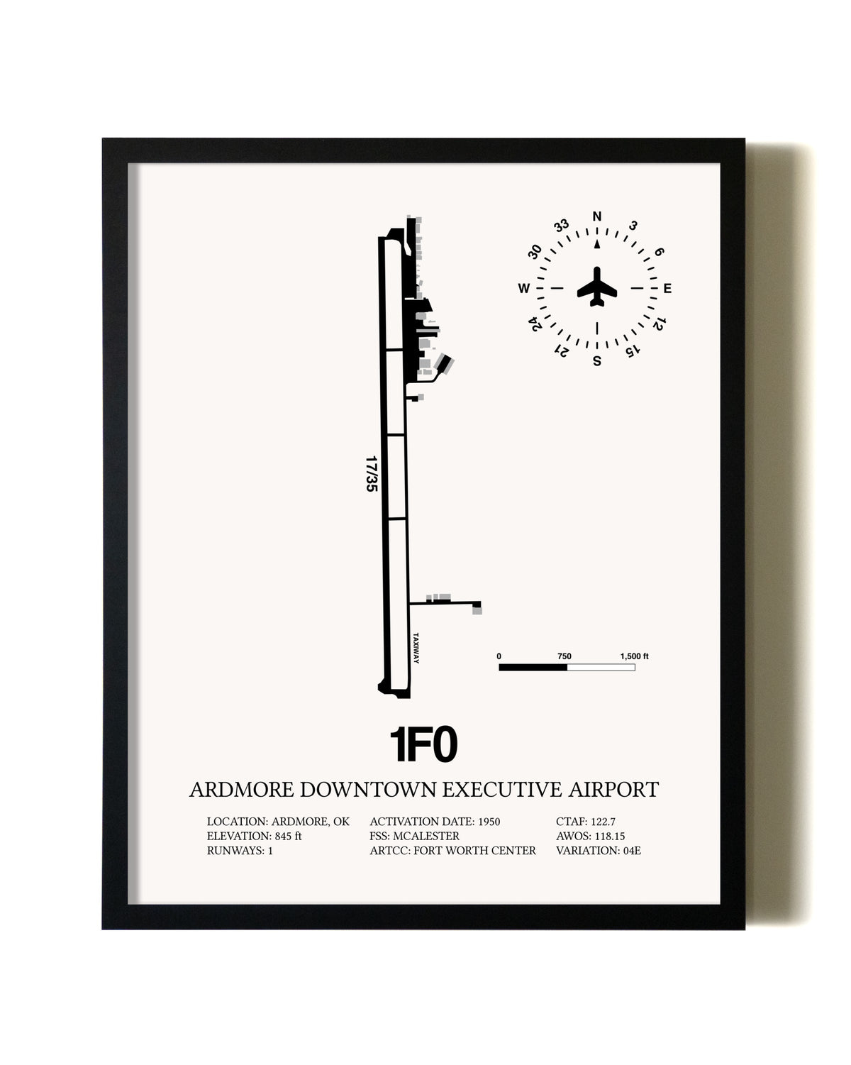 Framed Ardmore Downtown Executive Airport wall art poster in black frame