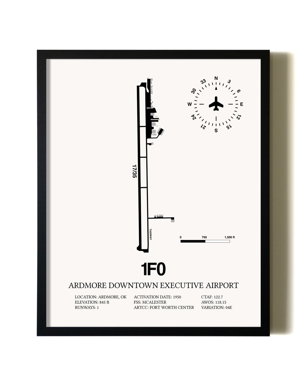Framed Ardmore Downtown Executive Airport wall art poster in black frame