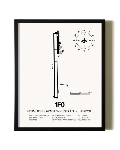 Framed Ardmore Downtown Executive Airport wall art poster in black frame