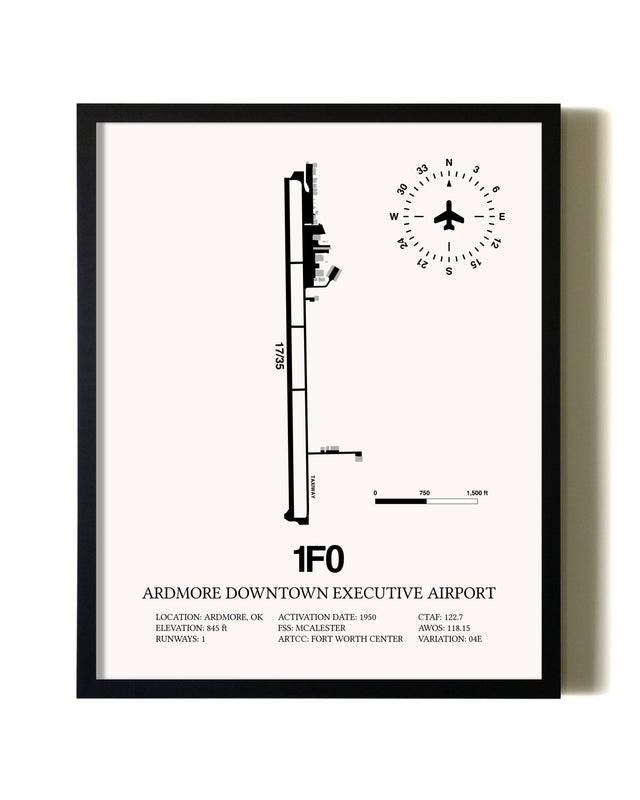 Framed Ardmore Downtown Executive Airport wall art poster in black frame