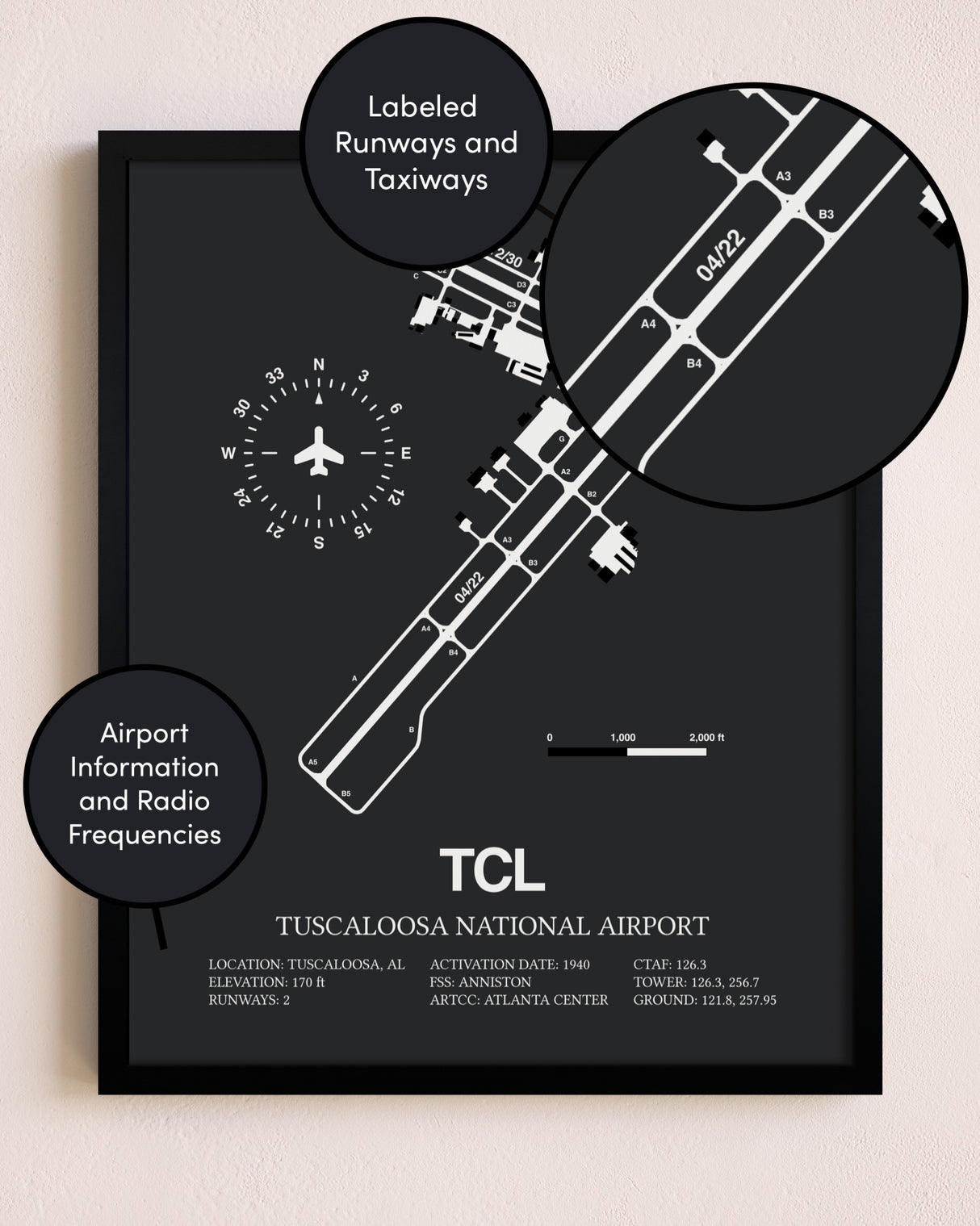 Tuscaloosa National Airport poster size comparison chart