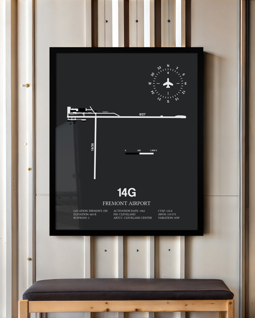 Framed Detailed Airport Map of Fremont Airport (14G) in Gray with a Black Frame