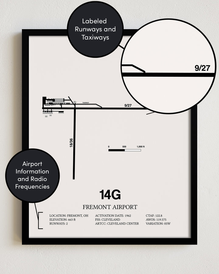 Framed Detailed Airport Map of Fremont Airport (14G) in White with a Black Frame